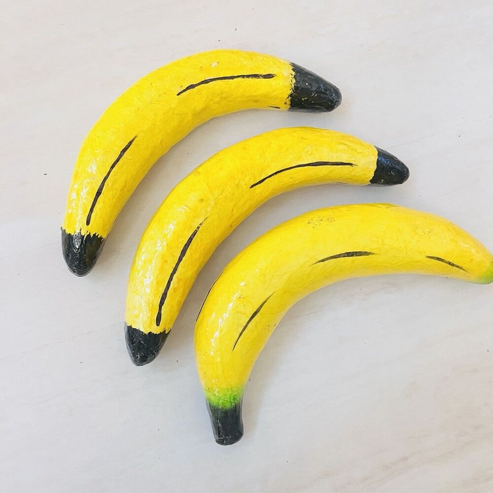 Set of 3 Hand Painted Papier Mache Bananas Yellow Fruit Kitchen Decor 7–8 in